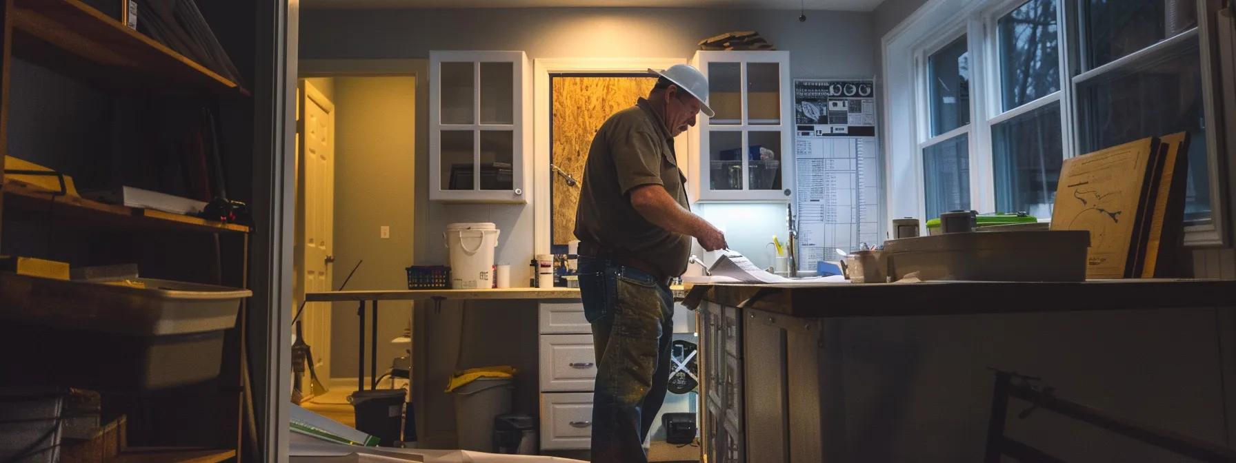 a professional contractor meticulously inspects a home foundation in a well-lit, organized office space, surrounded by technical blueprints and tools, highlighting the critical assessment process for effective foundation repair.