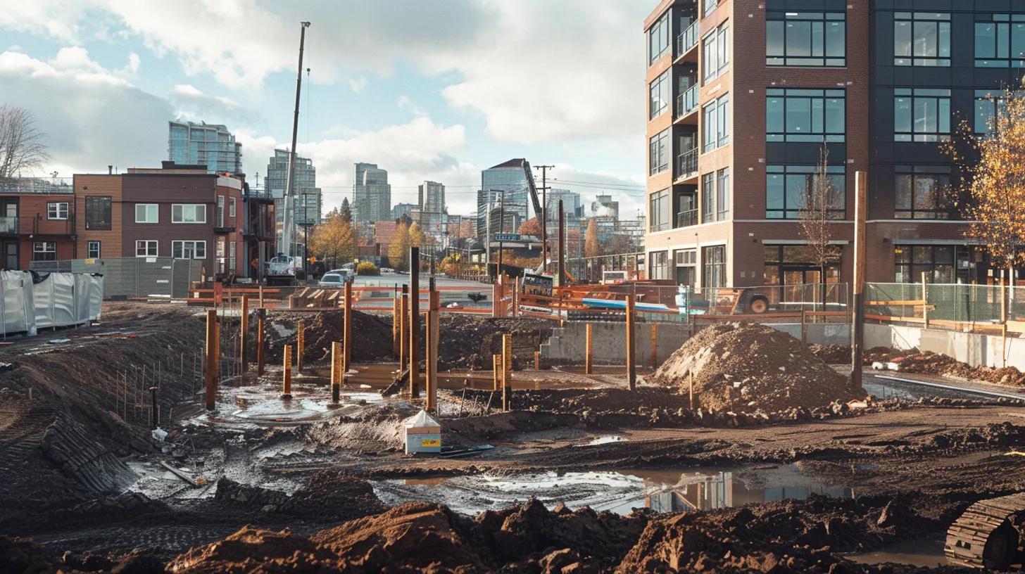 a dynamic, urban backdrop of a portland construction site showcases skilled technicians methodically assessing a home’s foundation, highlighting the importance of expert repair services in the city’s challenging environment.