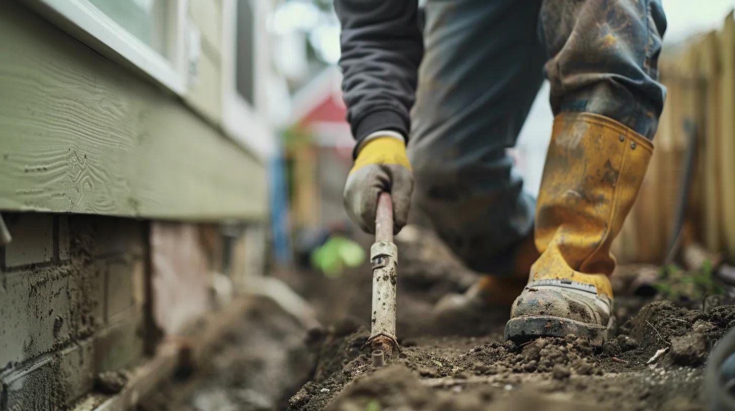 a close-up view of a professional contractor carefully examining a home's foundation in an urban portland setting, with construction tools and foundation repair materials clearly visible, highlighting the critical factors homeowners must consider in their repair strategies.