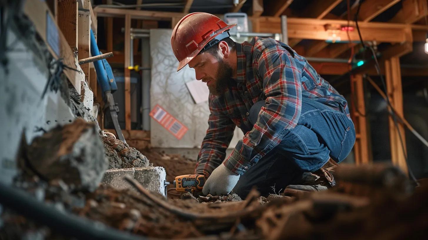 a close-up view of a professional foundation repair technician analyzing a damaged building foundation in a well-equipped urban workshop, showcasing specialized tools and repair materials against a backdrop of portland’s unique architectural style.
