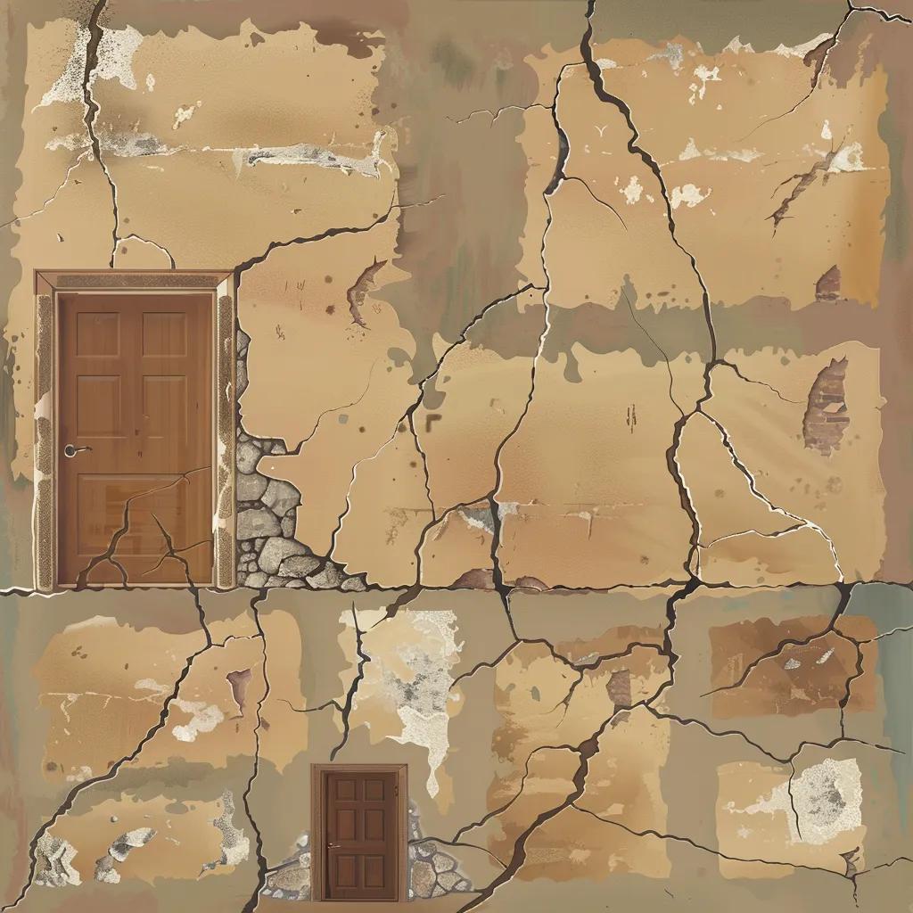 Close-up images of common foundation damage signs: wall cracks, uneven floors, and sticking doors