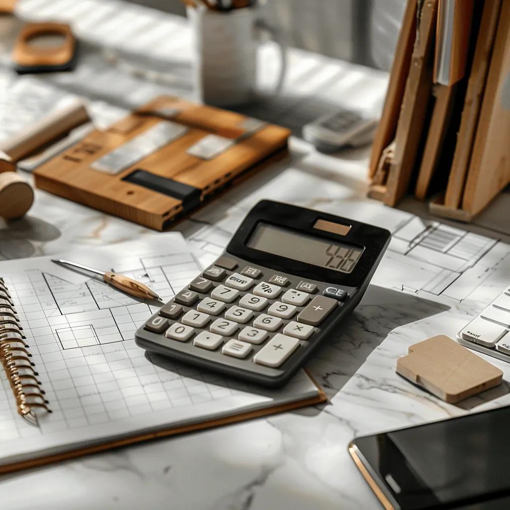 Calculator, construction materials, and budget plan representing foundation repair costs and planning