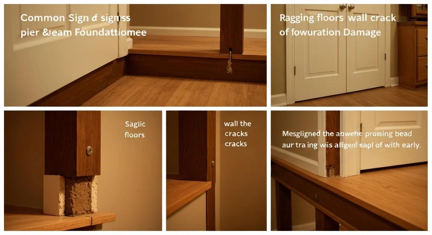 Visible signs of pier and beam foundation issues, such as uneven floors and wall cracks, inside a home
