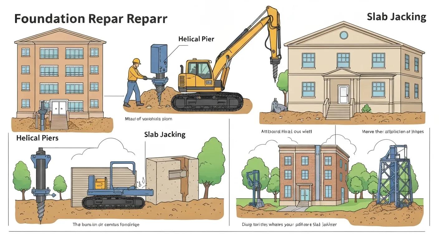 An illustration showcasing various foundation repair techniques, including helical piers and slab jacking