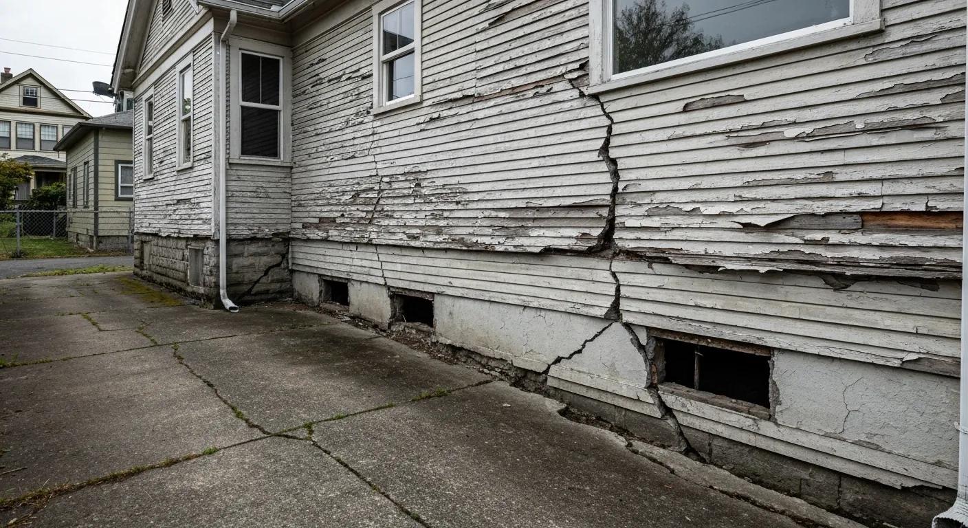 Outside of a Portland house showing cracks in the foundation and other signs of structural problems
