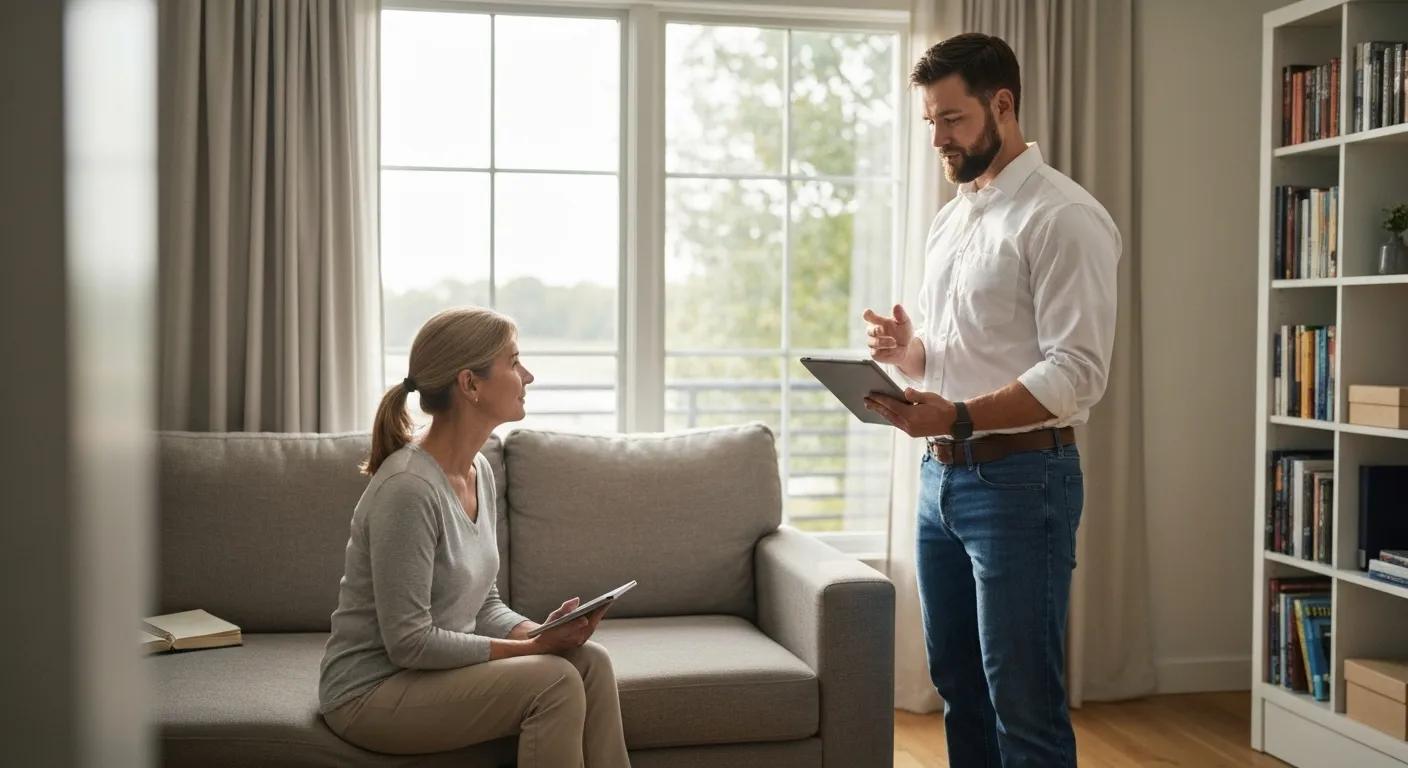 A foundation repair contractor discussing costs with a homeowner at their residence